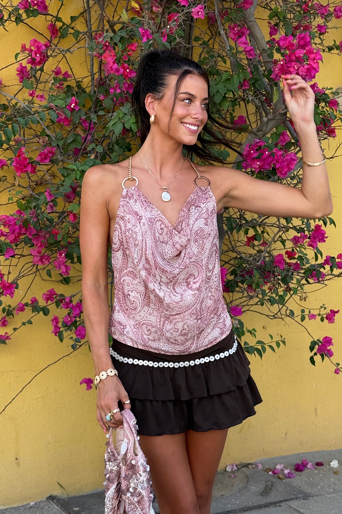 Printed Halter Chain Cowl Neck Top