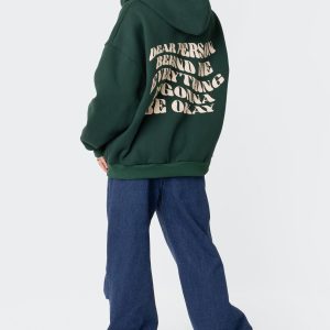 Everything'S Ok Zip Up Oversized Hoodie