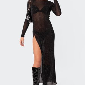 Glitter Mesh Slitted Maxi Dress