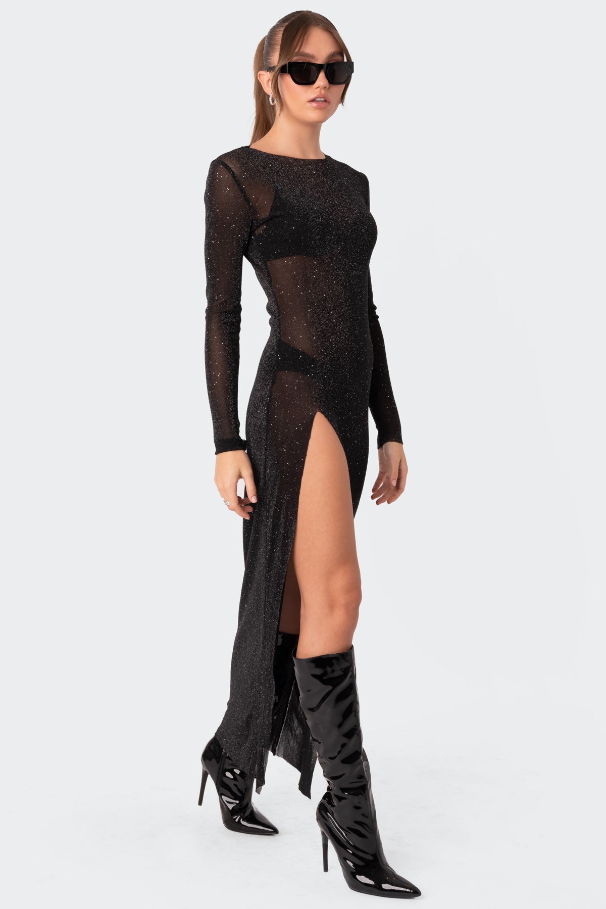 Glitter Mesh Slitted Maxi Dress - Image 4