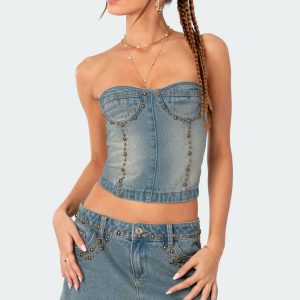 Studded Washed Denim Lace Up Corset