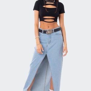 Front Slit Maxi Denim Skirt