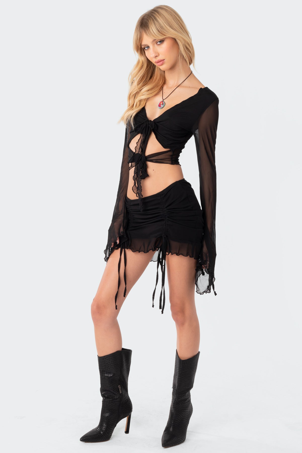 Indigo Tie Front Mesh Crop Top - Image 3