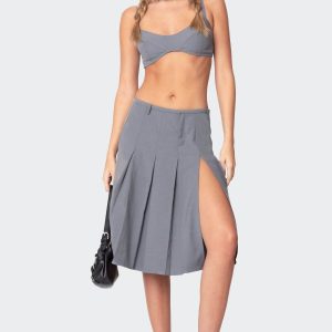 Ethel Side Slit Pleated Midi Skirt