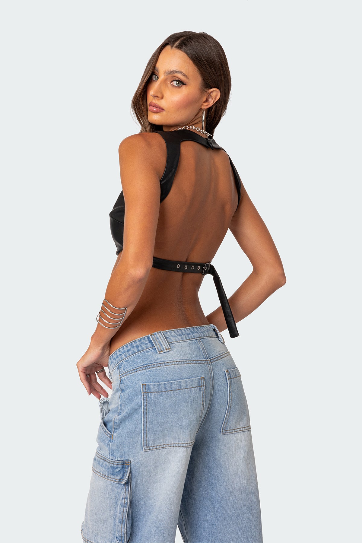 Porsha Open Back Faux Leather Crop Top - Image 5