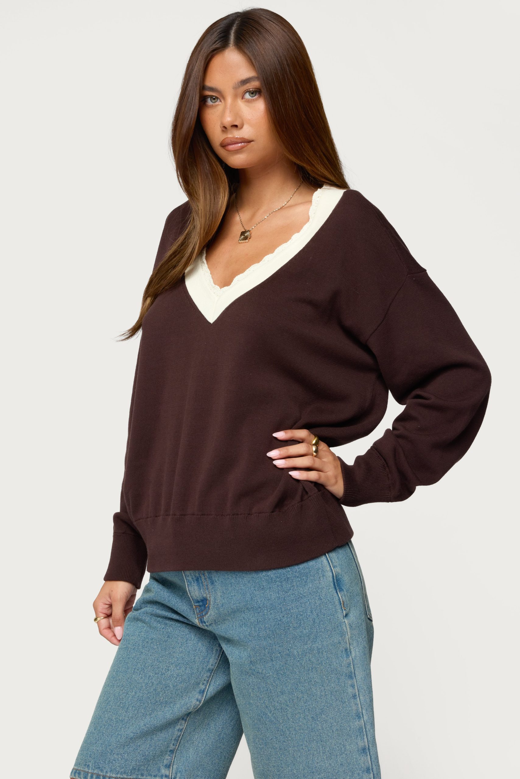 Marie Contrast Lacey V Neck Sweater - Image 3