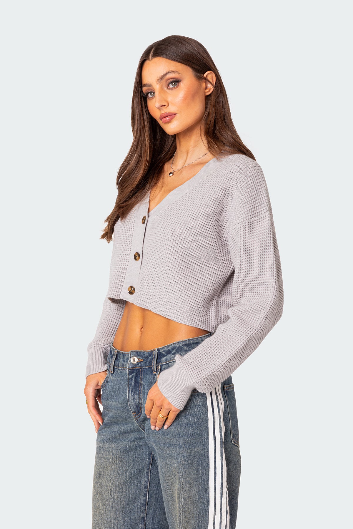 Oversized Waffle Knit Cropped Cardigan - Image 3