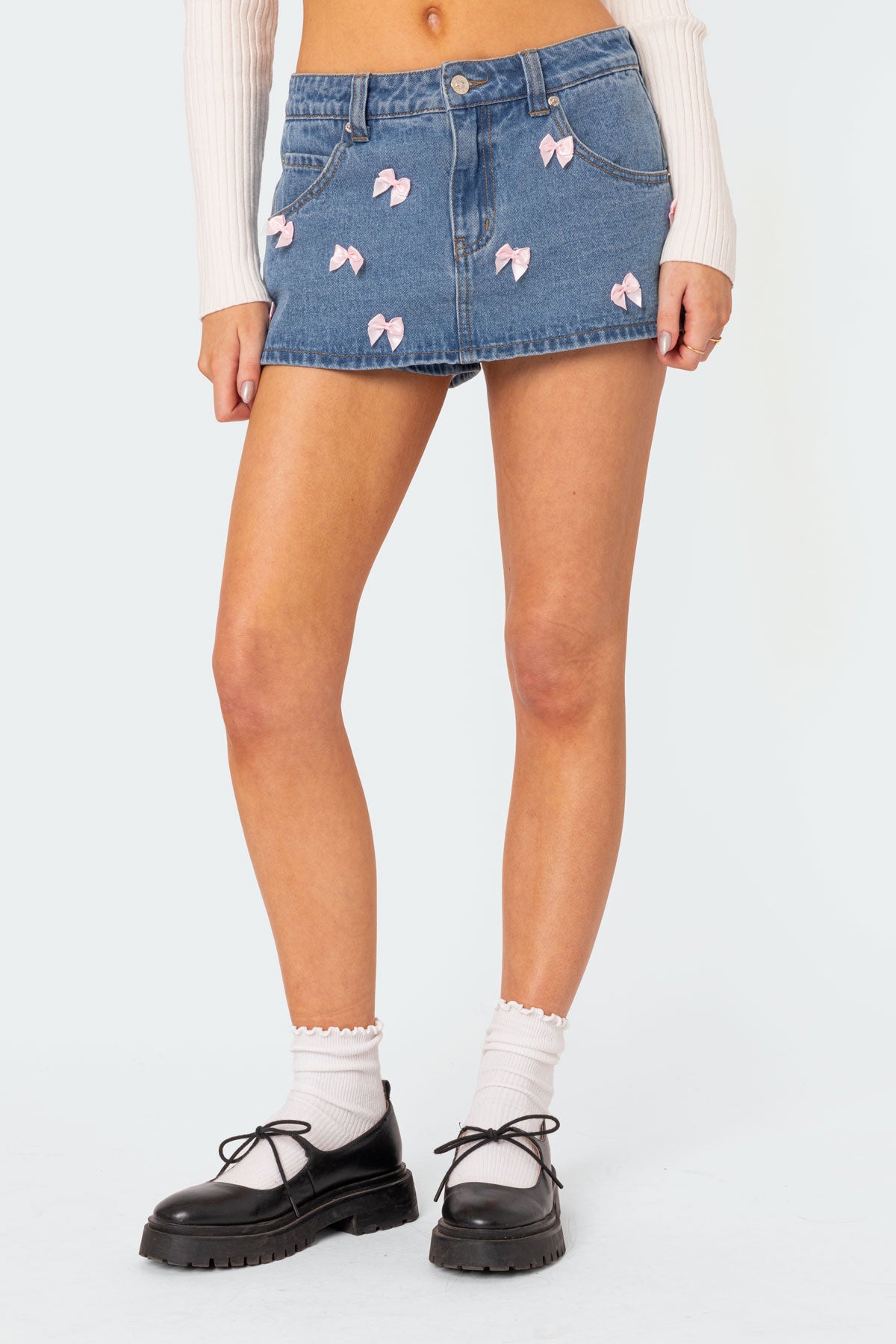 Alivia Satin Effect Bow Denim Micro Skort - Image 3