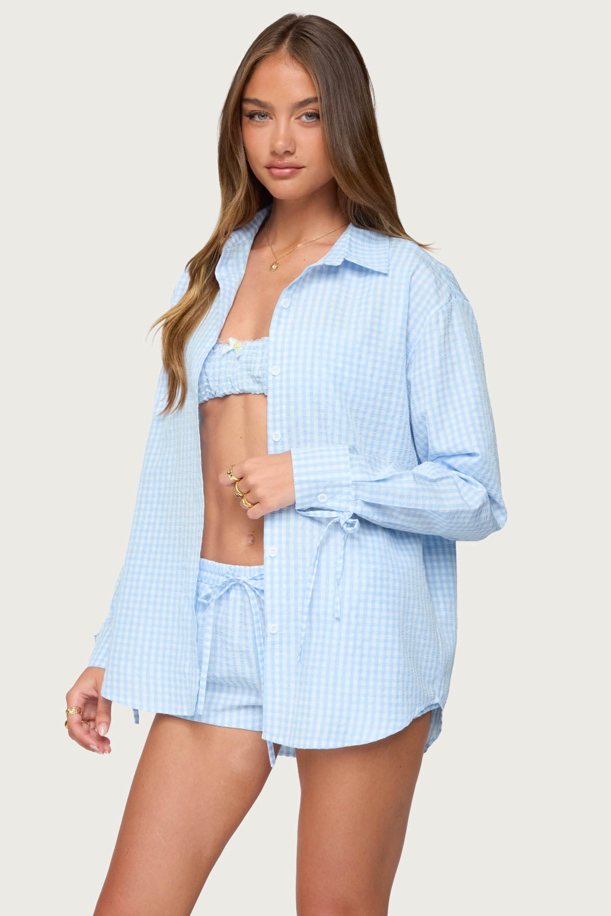 Yaffa Oversized Gingham Button Up Shirt - Image 3
