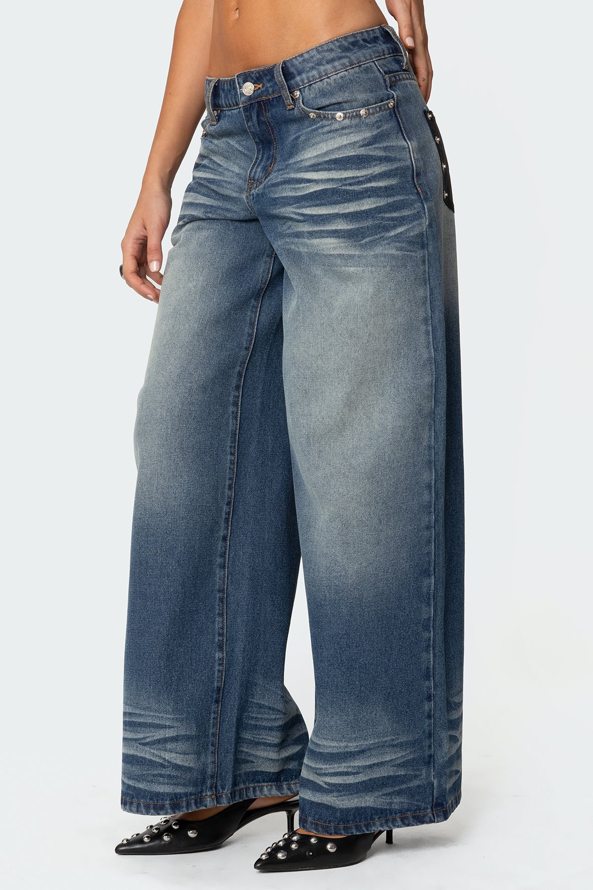 Faux Leather Pocket Low Rise Jeans - Image 3