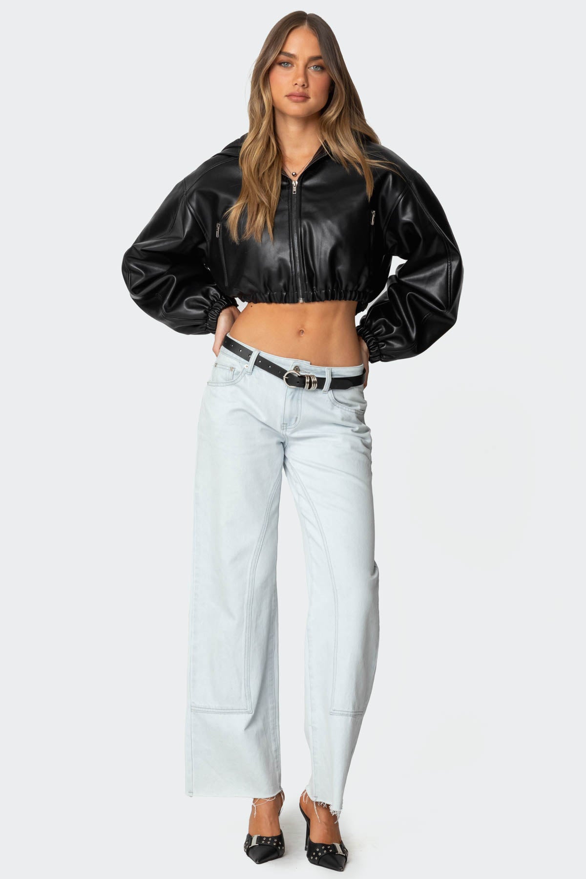Hooded Faux Leather Cropped Jacket - Image 4
