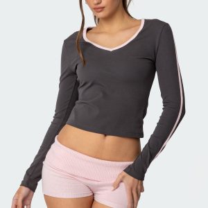 Contrast V Neck Long Sleeve T Shirt