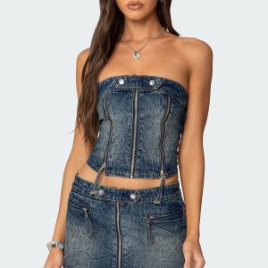 Guinevere Zip Washed Denim Top