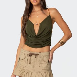 Beaded Deep Cowl Neck Backless Top