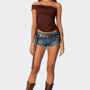 Studded Low Rise Denim Micro Shorts