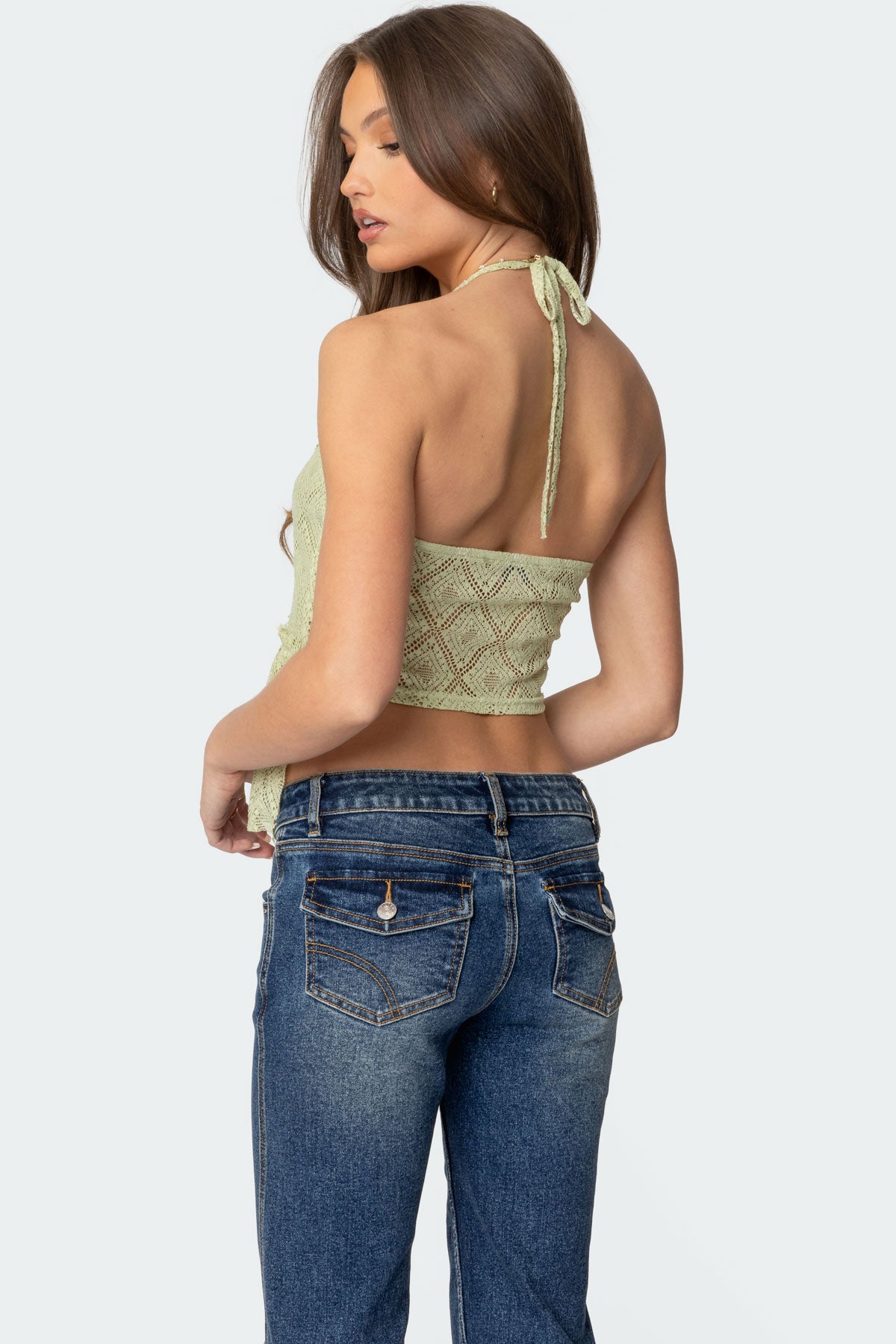 Asymmetric Sheer Lace Halter Top - Image 5