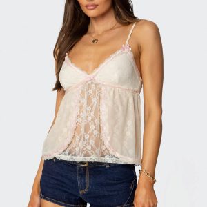 Ribbon Sheer Lace Babydoll Top
