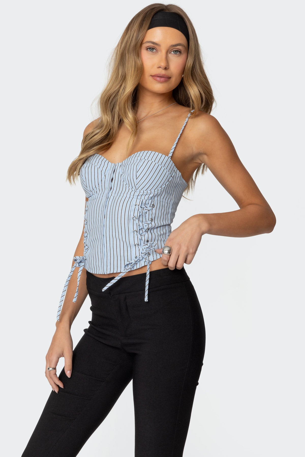 Lois Lace Up Pinstripe Corset - Image 3