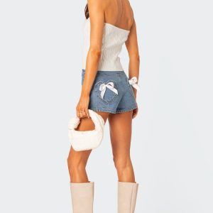 Bow Pocket Washed Denim Shorts