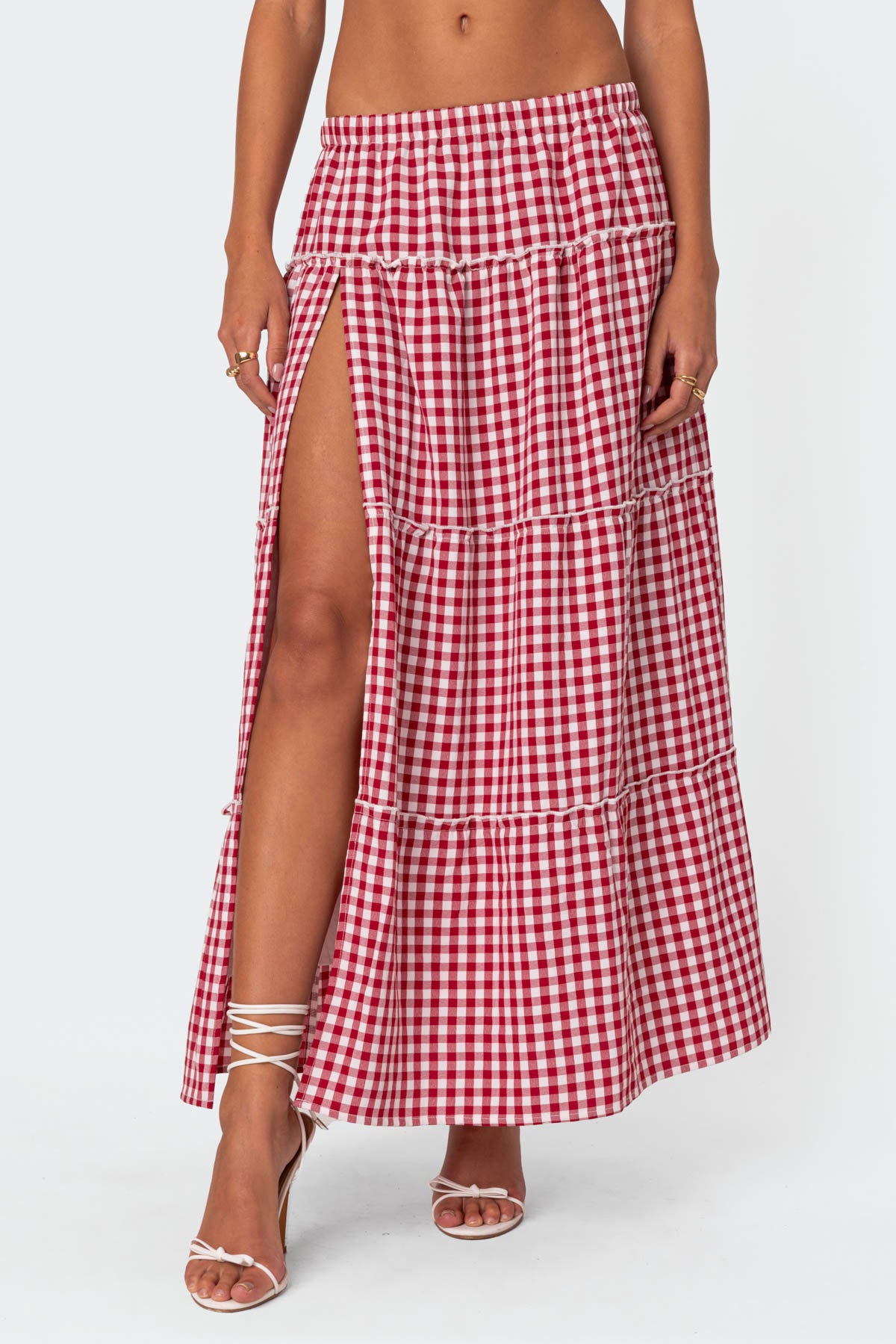 Gingham Side Slit Tiered Maxi Skirt - Image 2