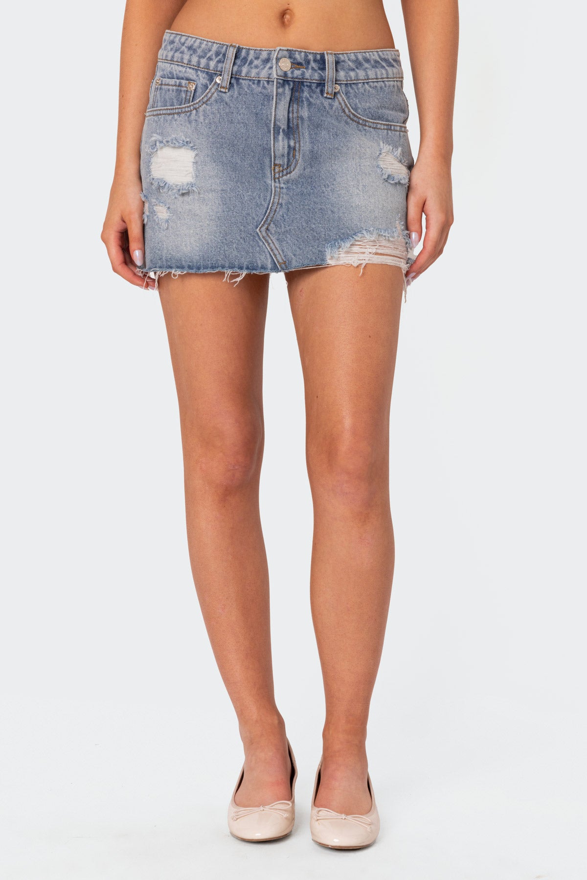 Ginnie Low Rise Distressed Denim Mini Skirt - Image 2