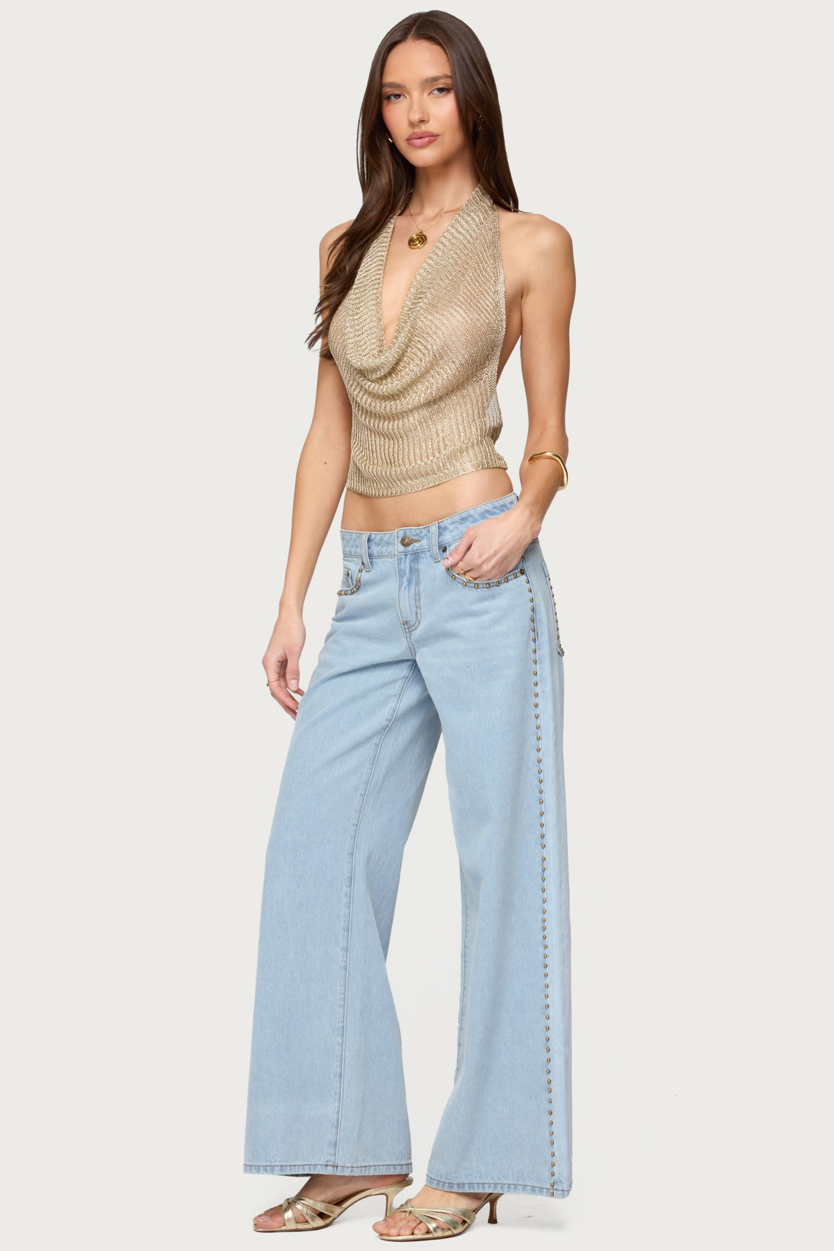 Shiny Knit Cowl Neck Backless Top - Image 4