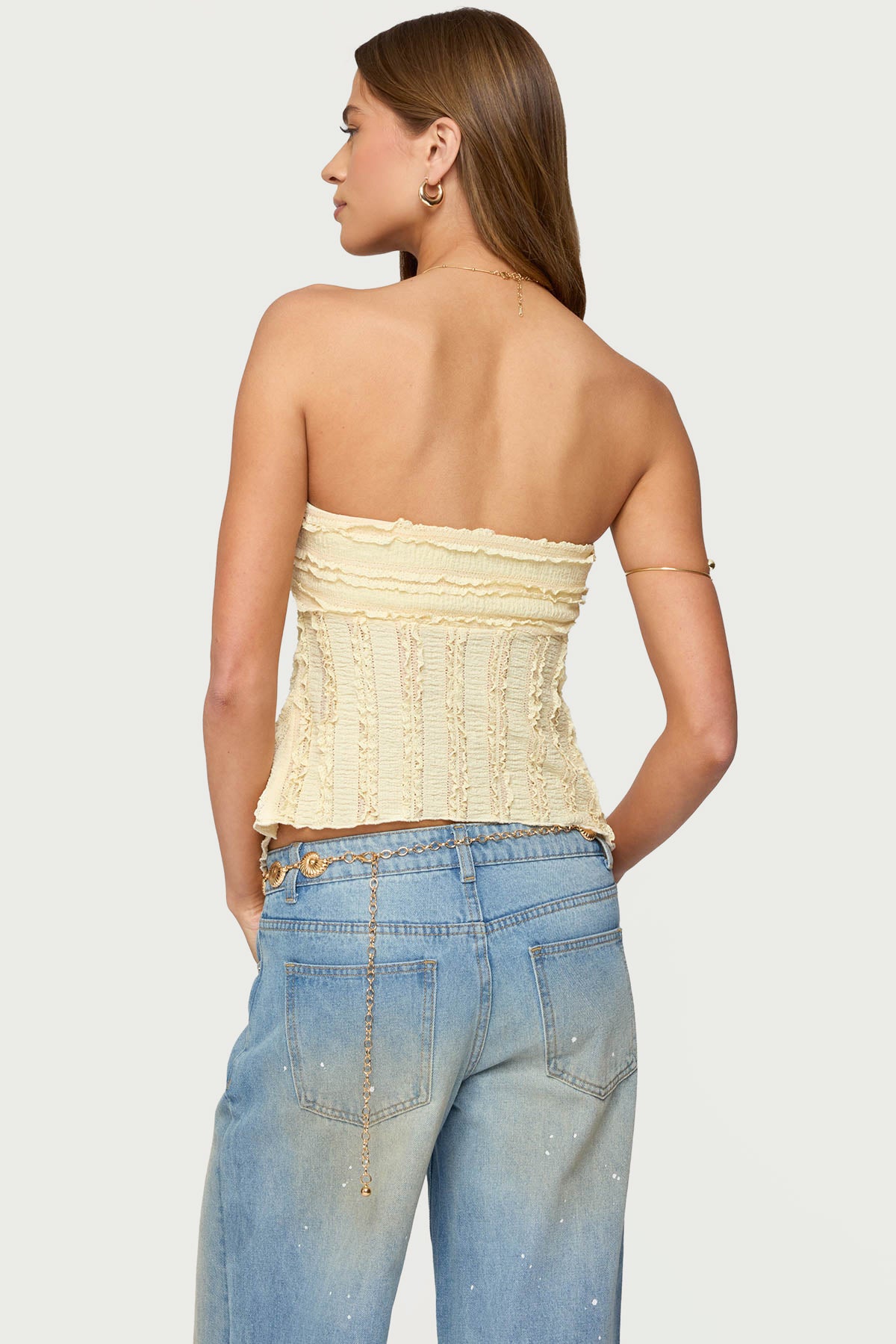 Textured Ruffle Split Front Strapless Top - Image 5