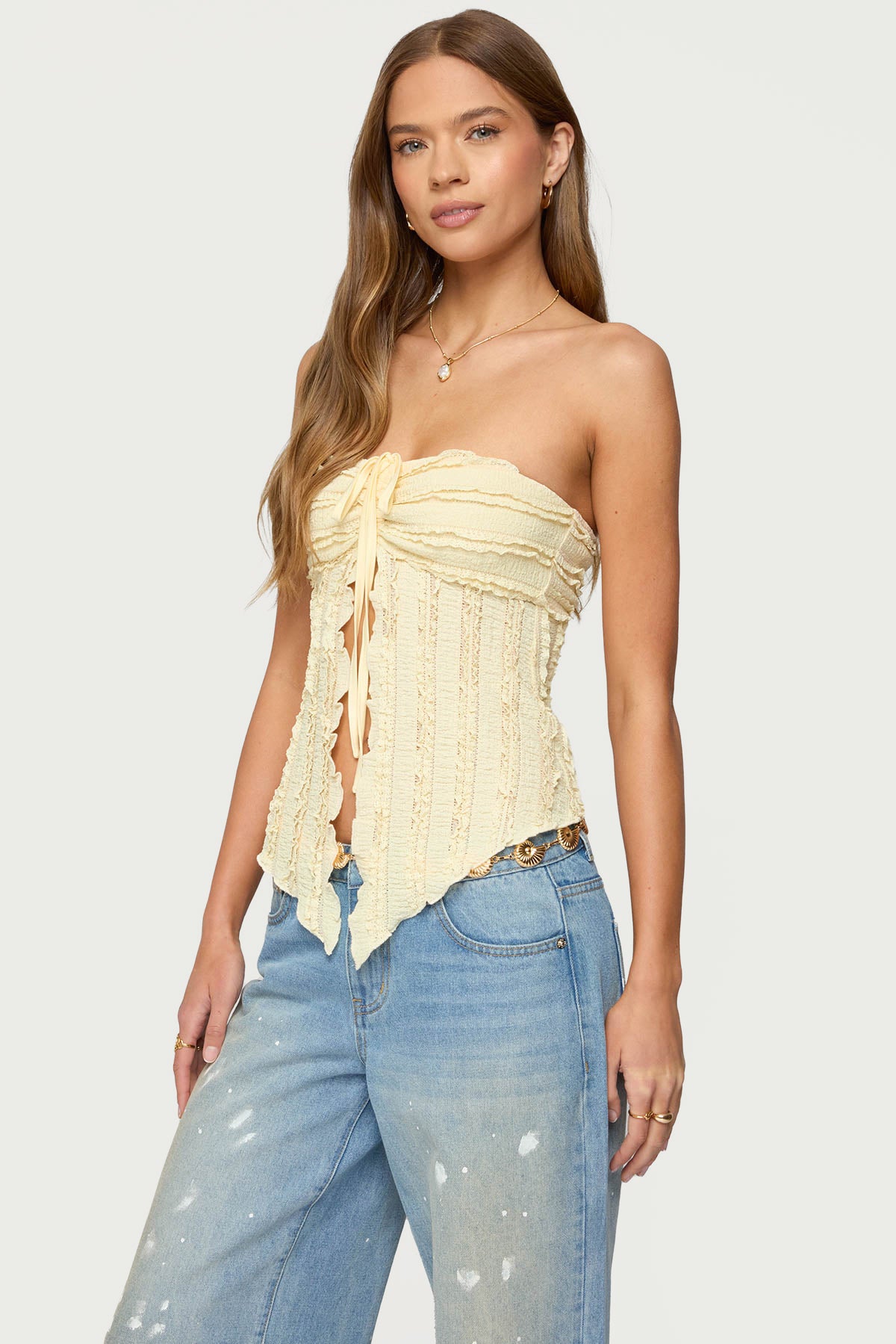 Textured Ruffle Split Front Strapless Top - Image 3