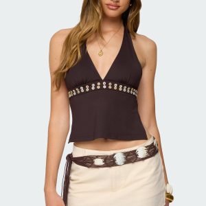 Pearlsy Button Backless Halter Top