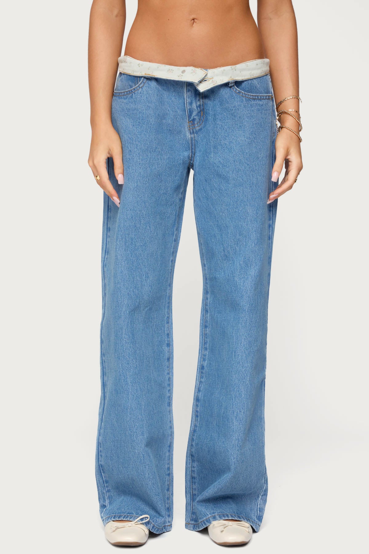 Floral Foldover Low Rise Jeans - Image 2