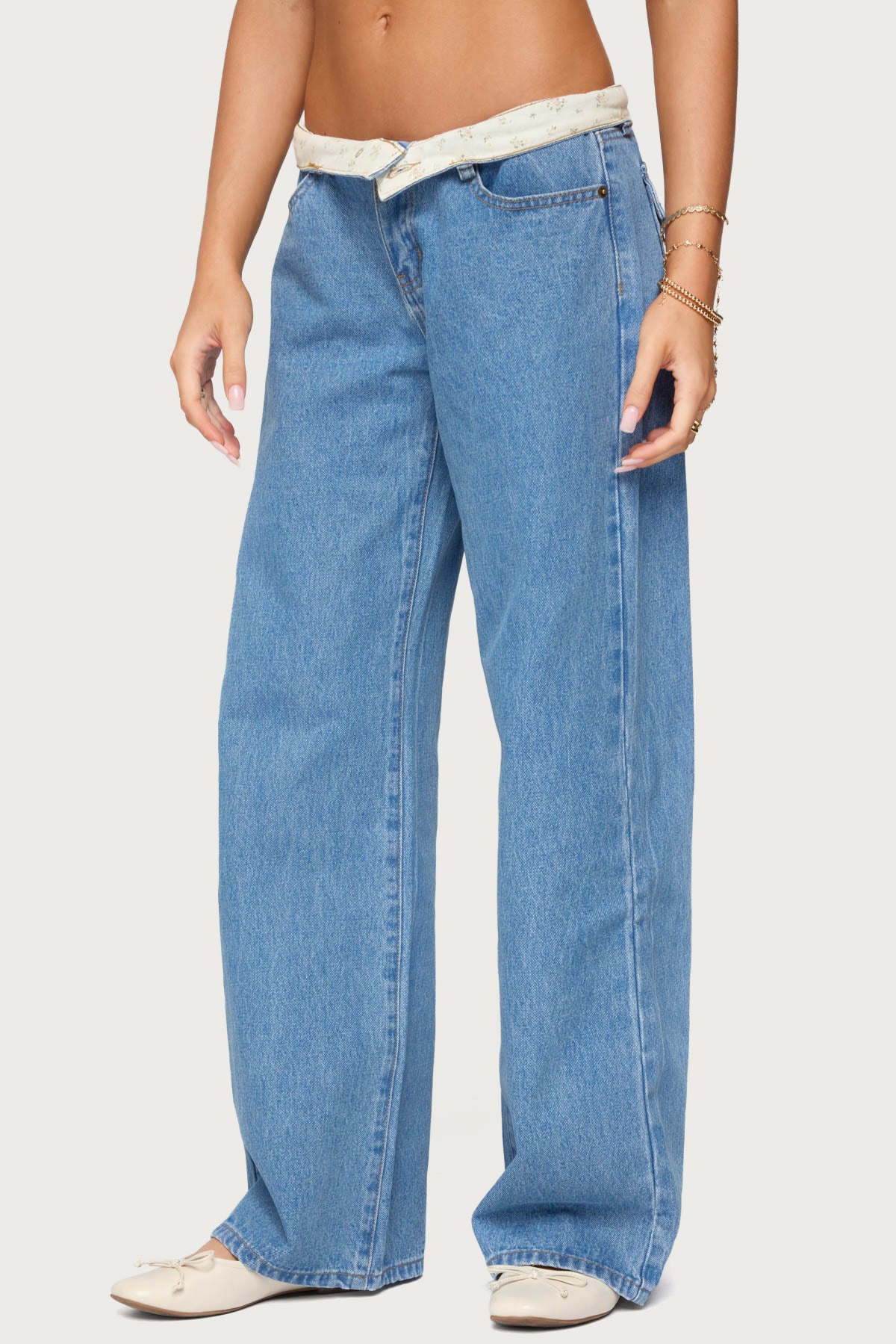 Floral Foldover Low Rise Jeans - Image 3