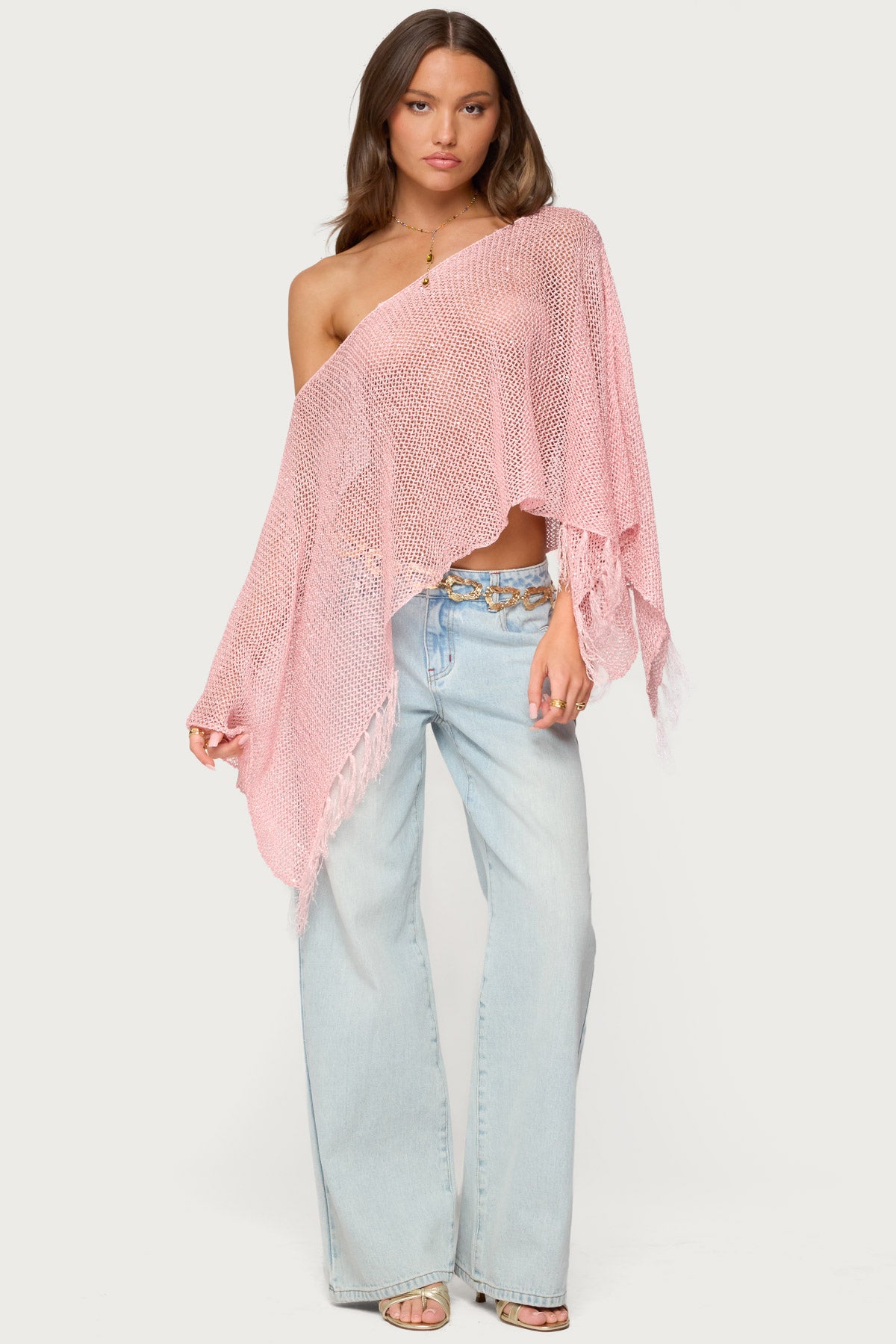 Sequin Fringe Knit Poncho - Image 3