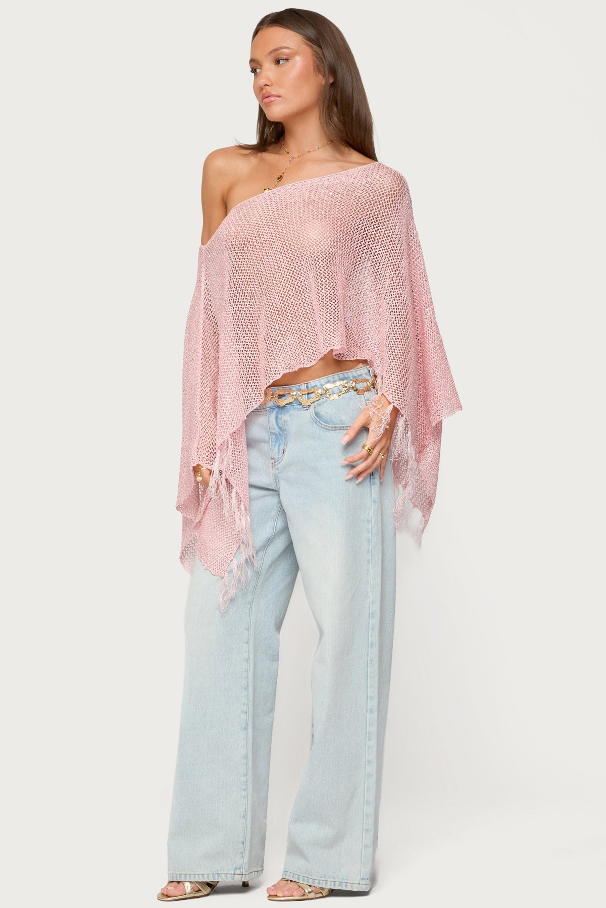 Sequin Fringe Knit Poncho - Image 5