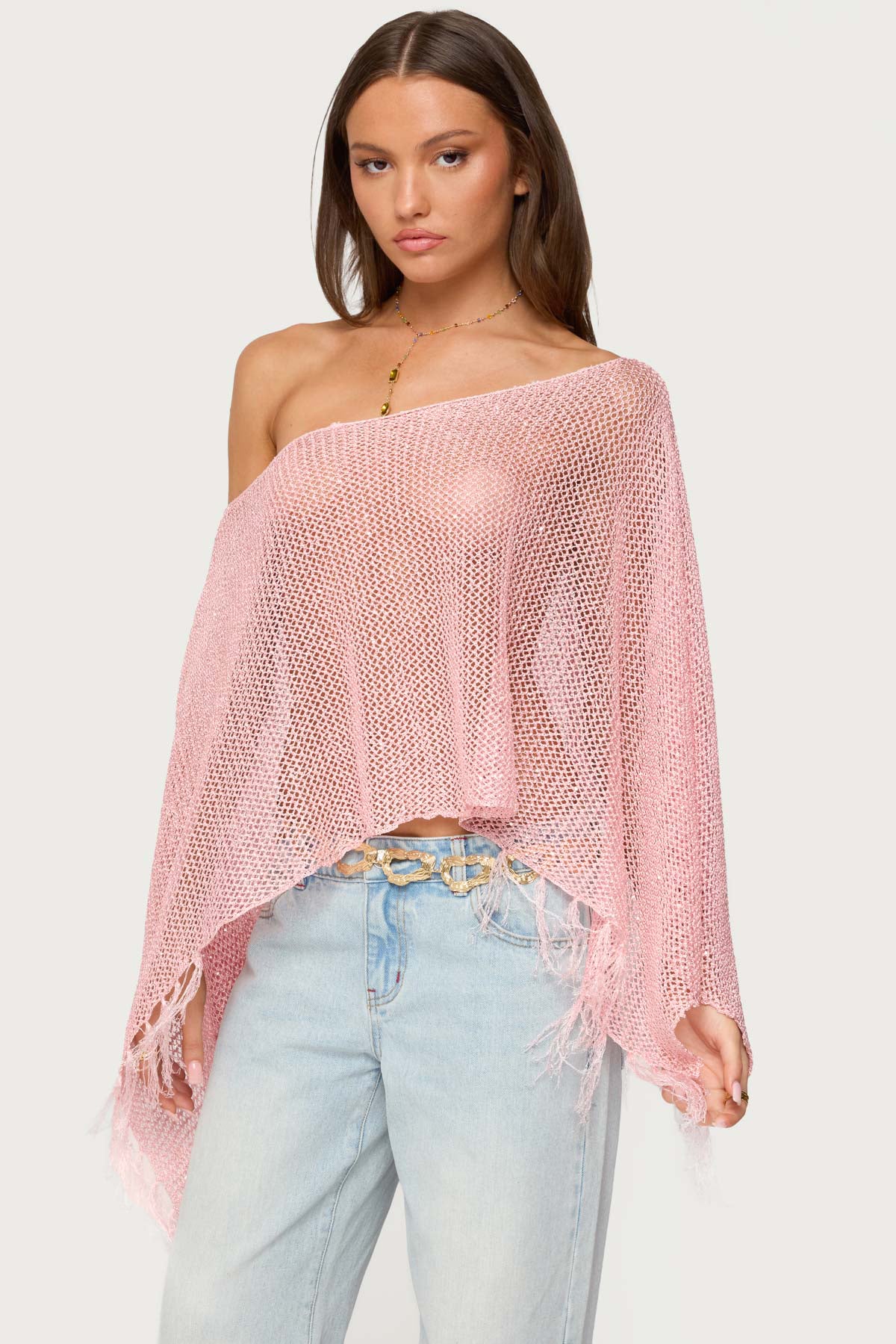 Sequin Fringe Knit Poncho - Image 4