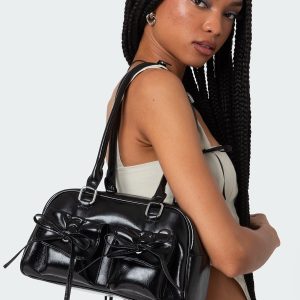 Bow Pocket Faux Leather Shoulder Bag