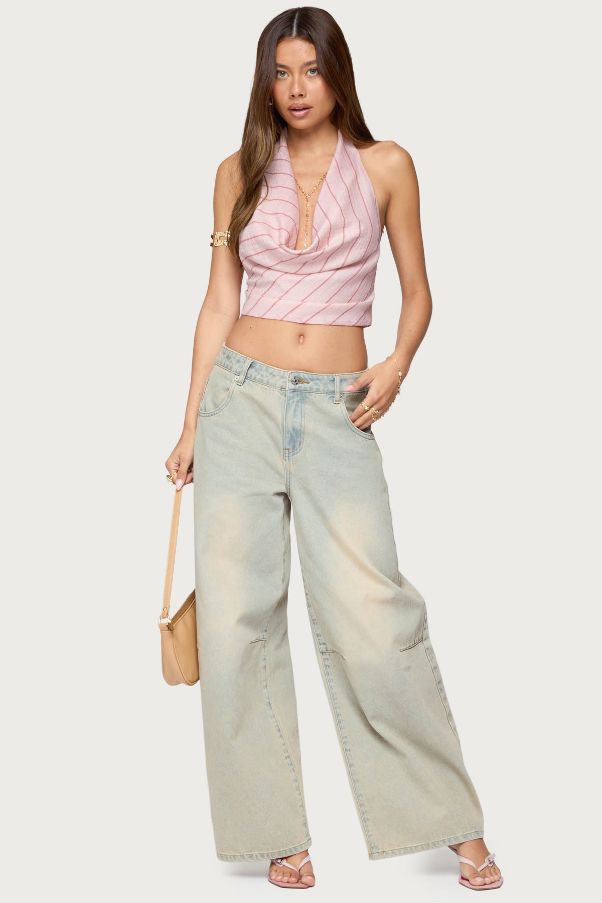 Stripey Metallic Cowl Neck Halter Top - Image 2