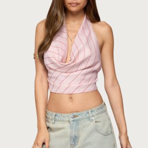 Stripey Metallic Cowl Neck Halter Top