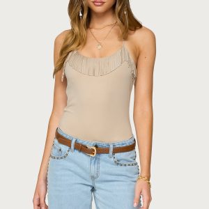 Colbie Faux Suede Fringe Trim Bodysuit