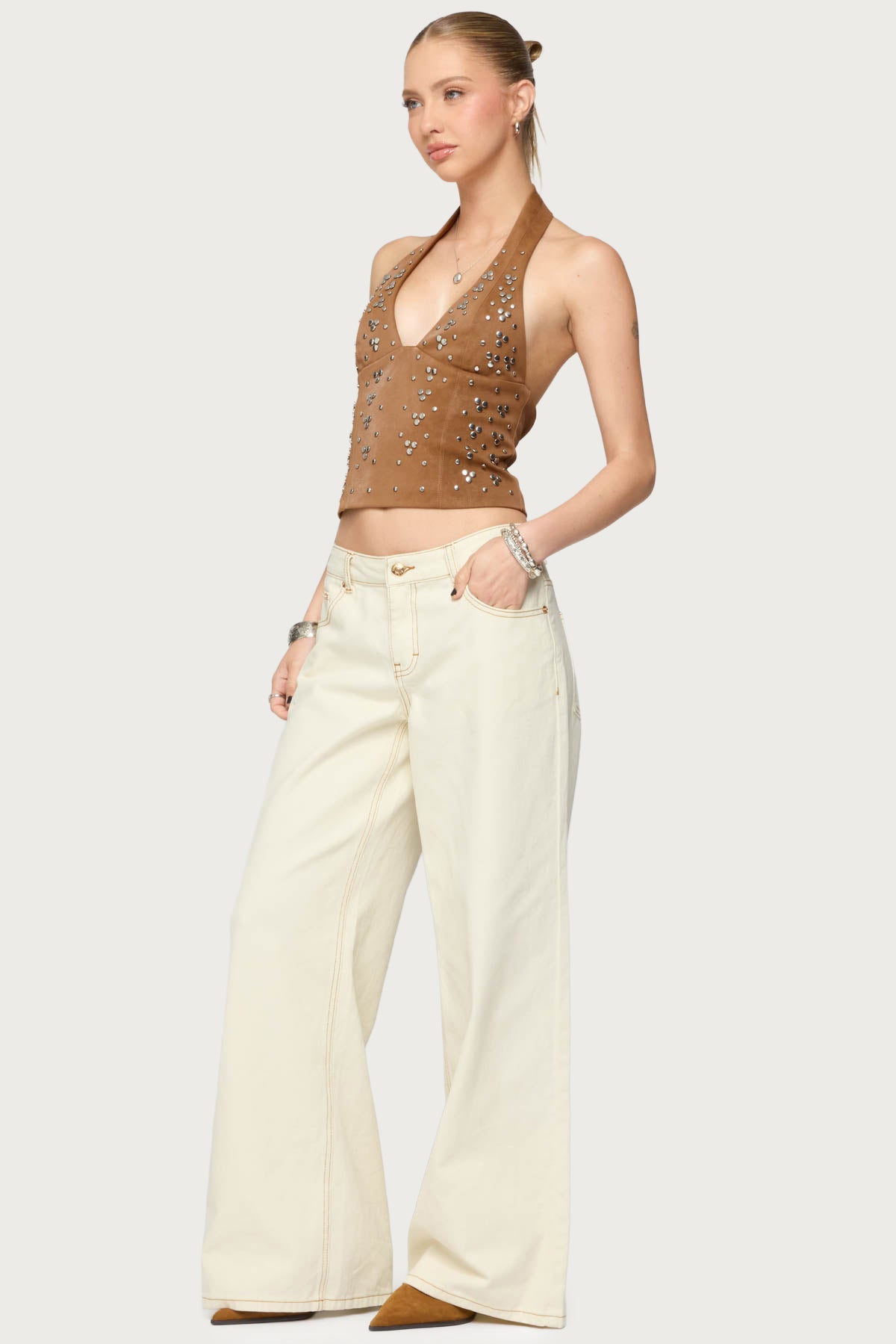 Contrast Stitch Low Rise Wide Leg Jeans - Image 4