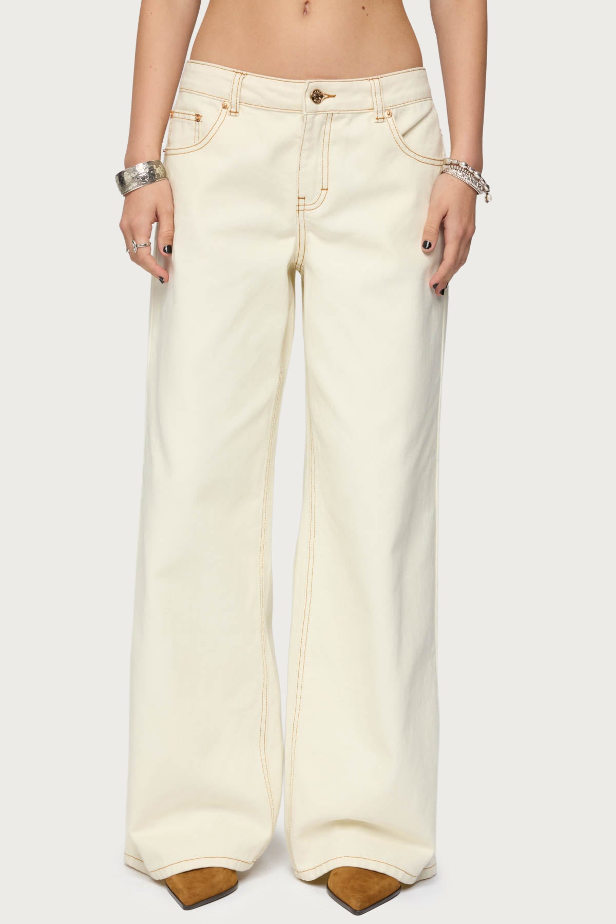 Contrast Stitch Low Rise Wide Leg Jeans - Image 2