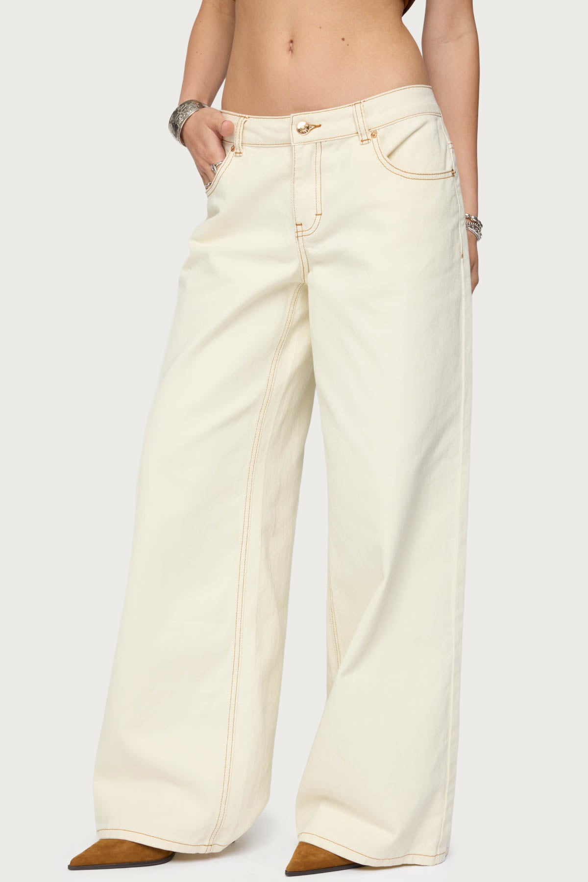Contrast Stitch Low Rise Wide Leg Jeans - Image 3