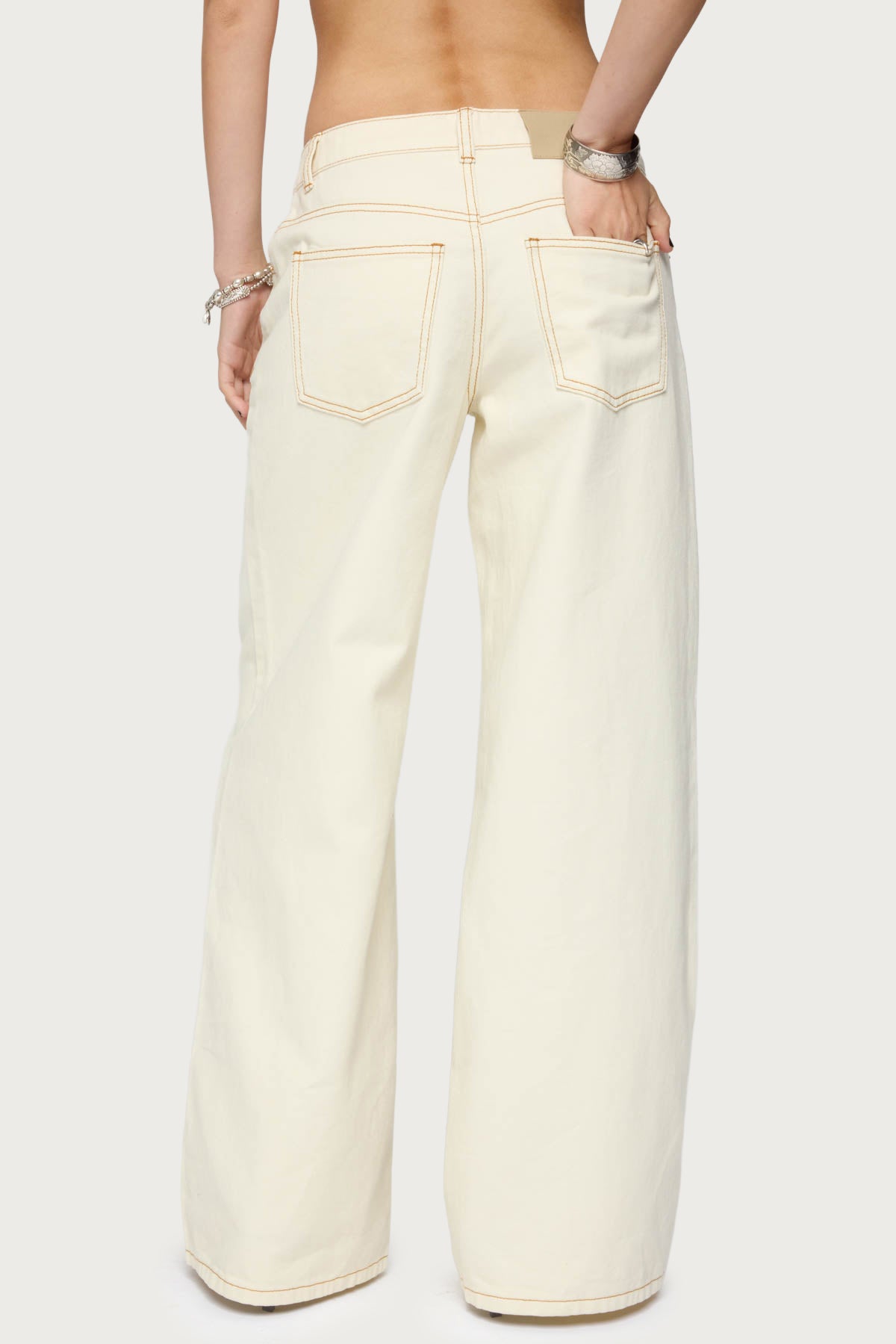 Contrast Stitch Low Rise Wide Leg Jeans - Image 5