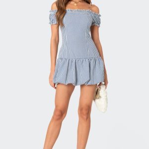 Gingham Off Shoulder Bubble Mini Dress