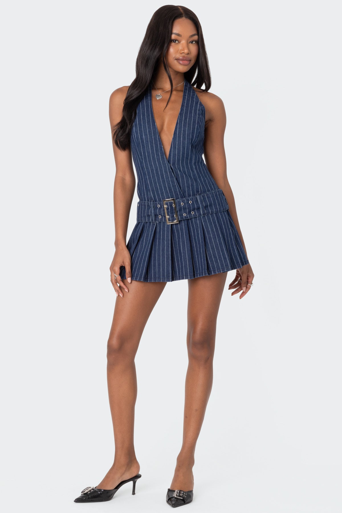 Belted Pinstripe Denim Mini Dress - Image 3