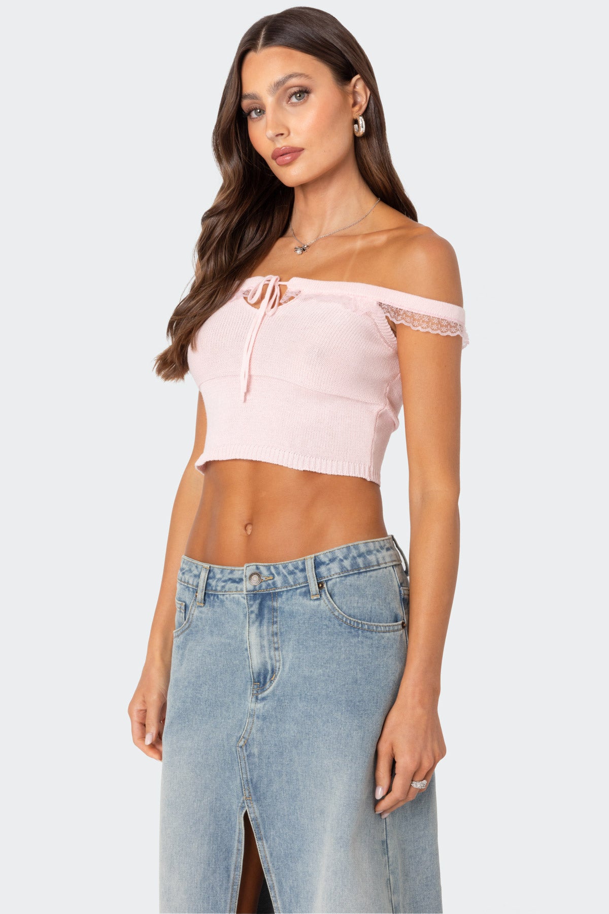 Off Shoulder Trimmed Knit Top - Image 4