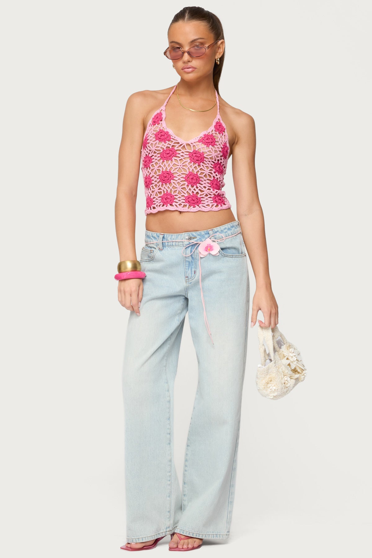 Contrast Floral Crochet Halter Top - Image 2