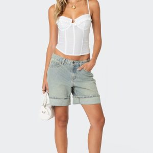 Cuffed Washed Denim Bermuda Shorts