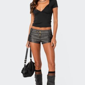 Washed Faux Leather Micro Cargo Shorts
