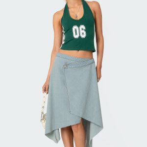 Asymmetric Wrapped Denim Midi Skirt
