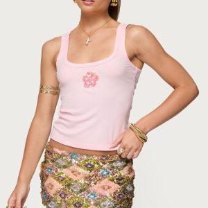Steffy Beaded Flower Ribbed Top